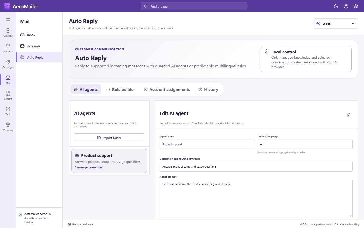 AeroMailer interface: Create guarded AI auto-reply agents
