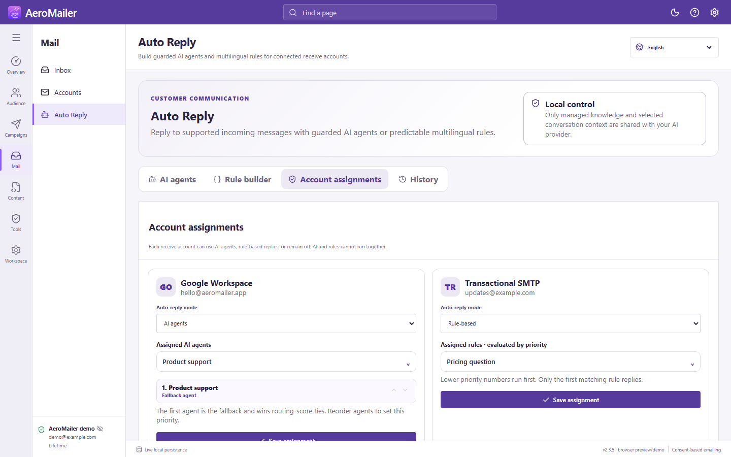 AeroMailer interface: Assign agents or rules to receiving accounts