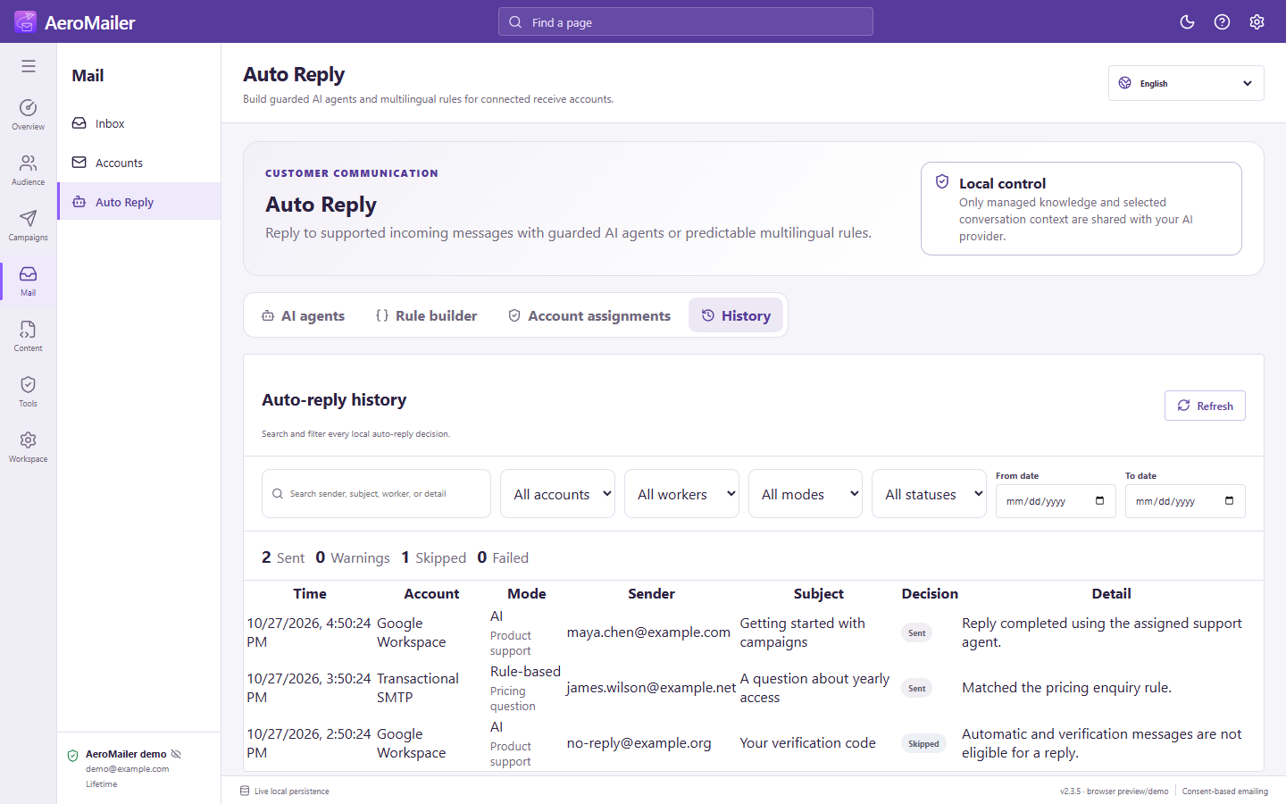 AeroMailer interface: Review auto-reply history and troubleshoot missing replies