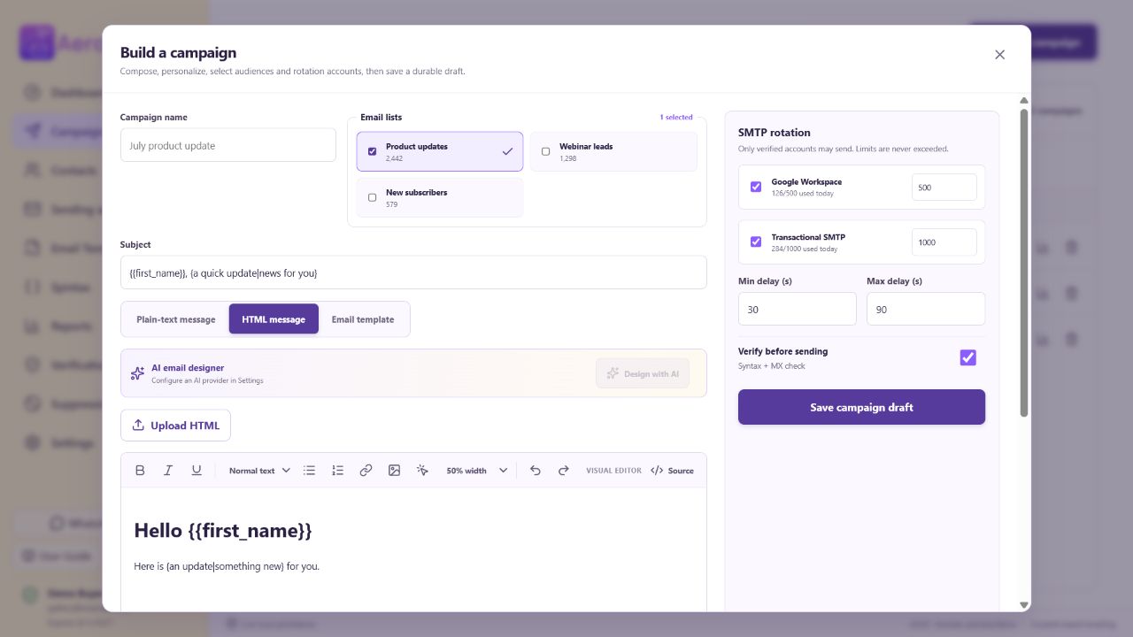 AeroMailer campaign builder interface