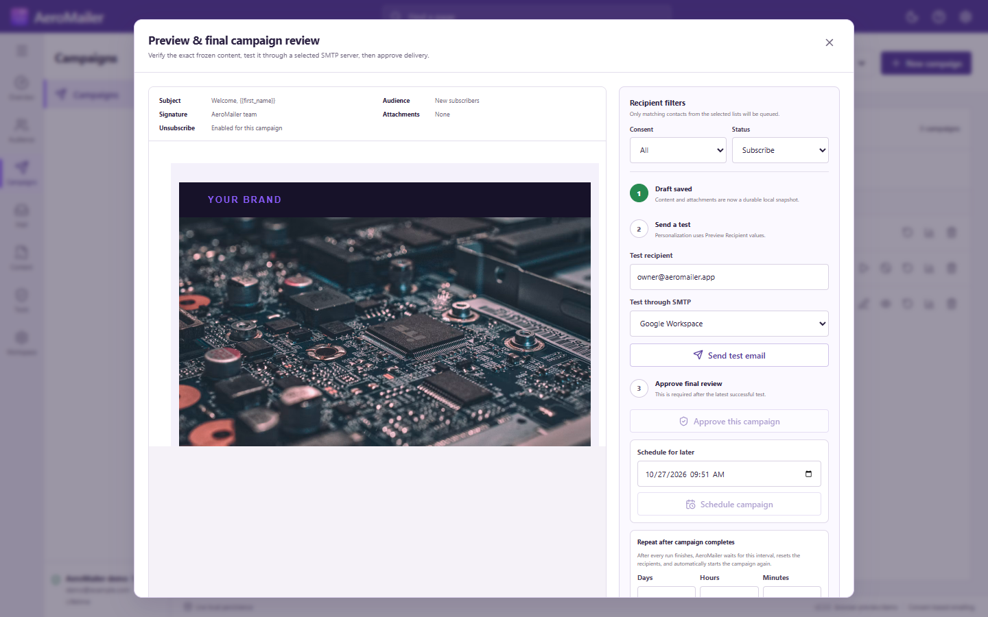 AeroMailer final campaign review interface