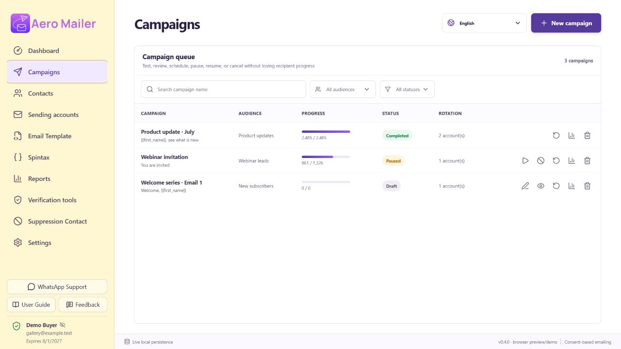 AeroMailer campaign workspace interface