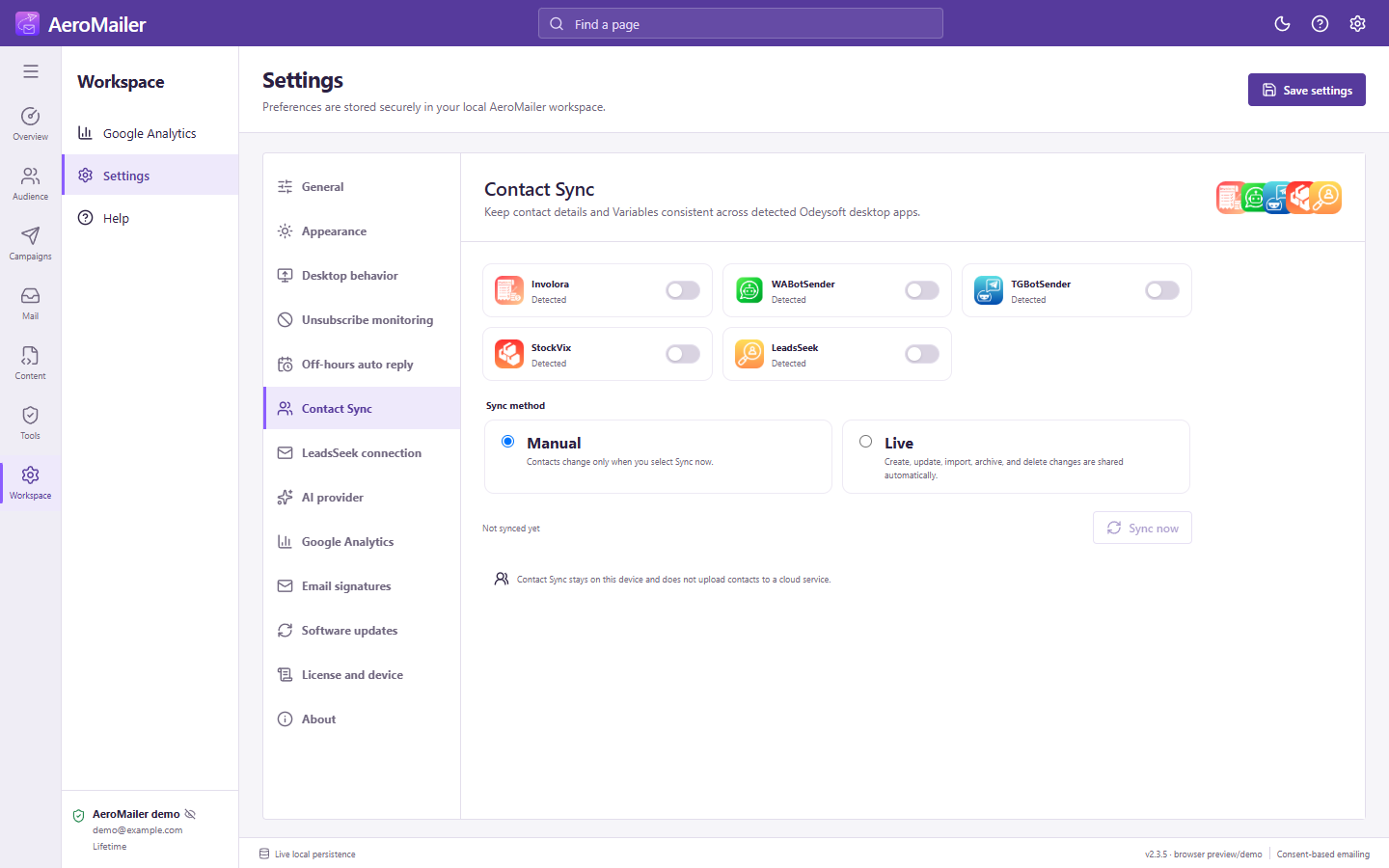 AeroMailer interface: Sync contacts across Odeysoft desktop apps