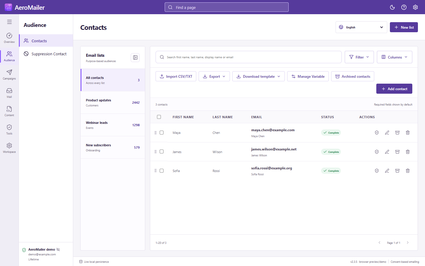 AeroMailer interface: Import, map, validate, and export contacts