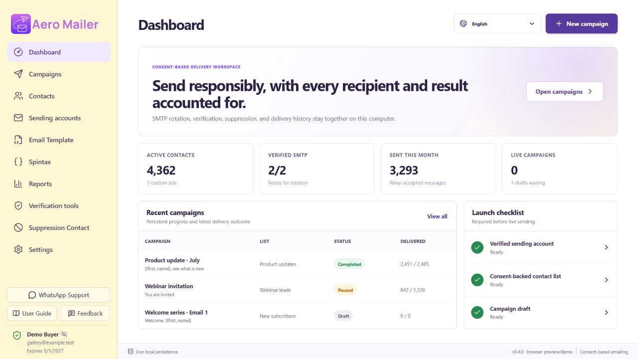 AeroMailer dashboard interface