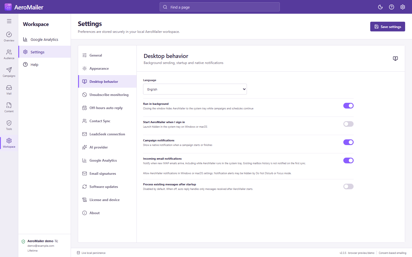 AeroMailer interface: Enable campaign and incoming-email desktop notifications