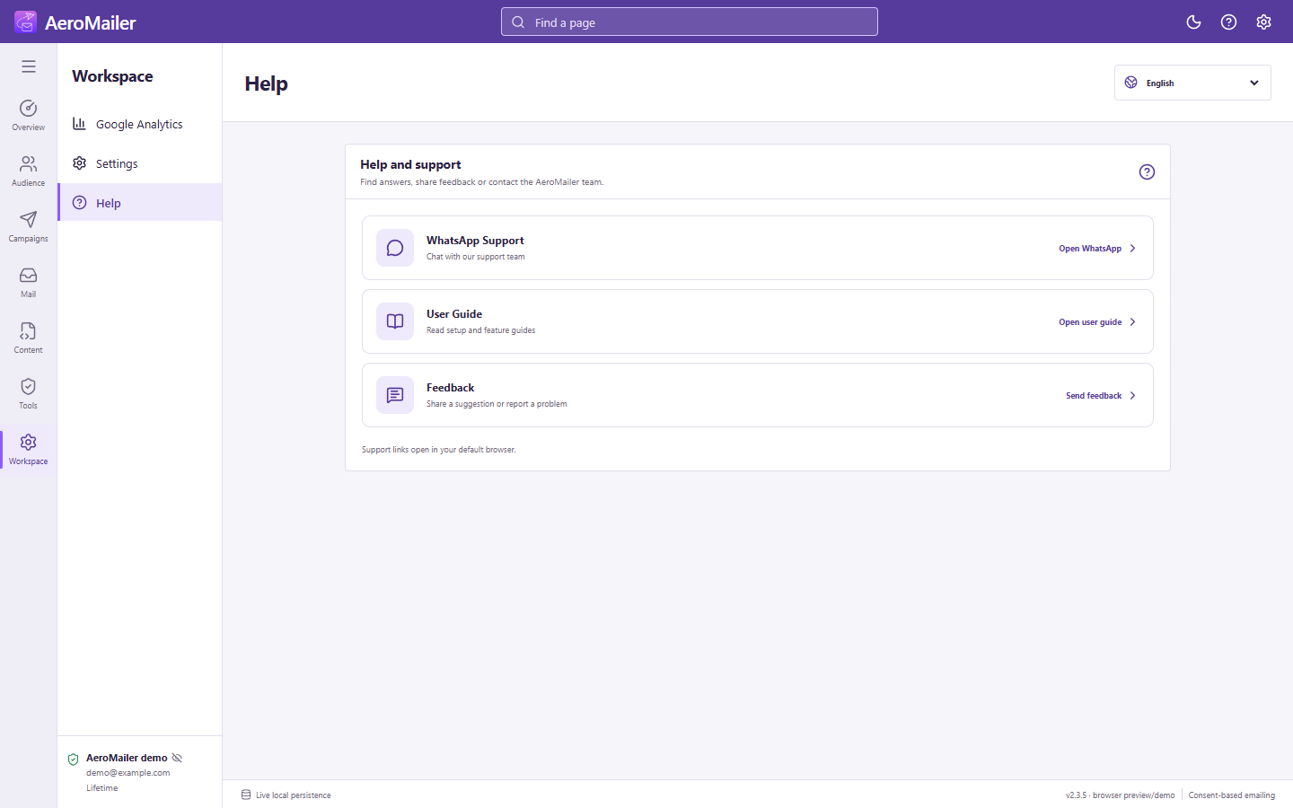 AeroMailer help and support interface