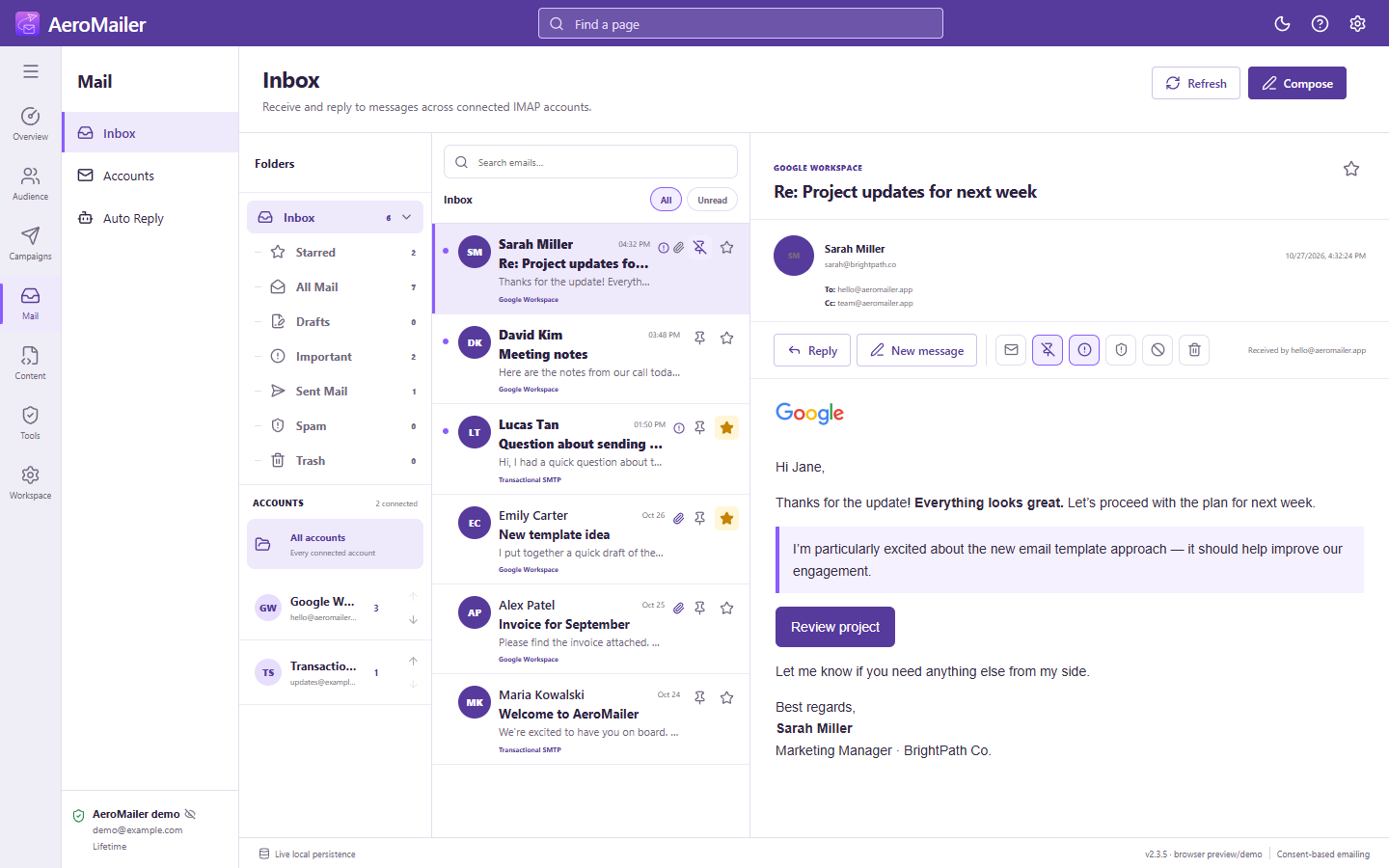 AeroMailer interface: Read and organize multiple inboxes