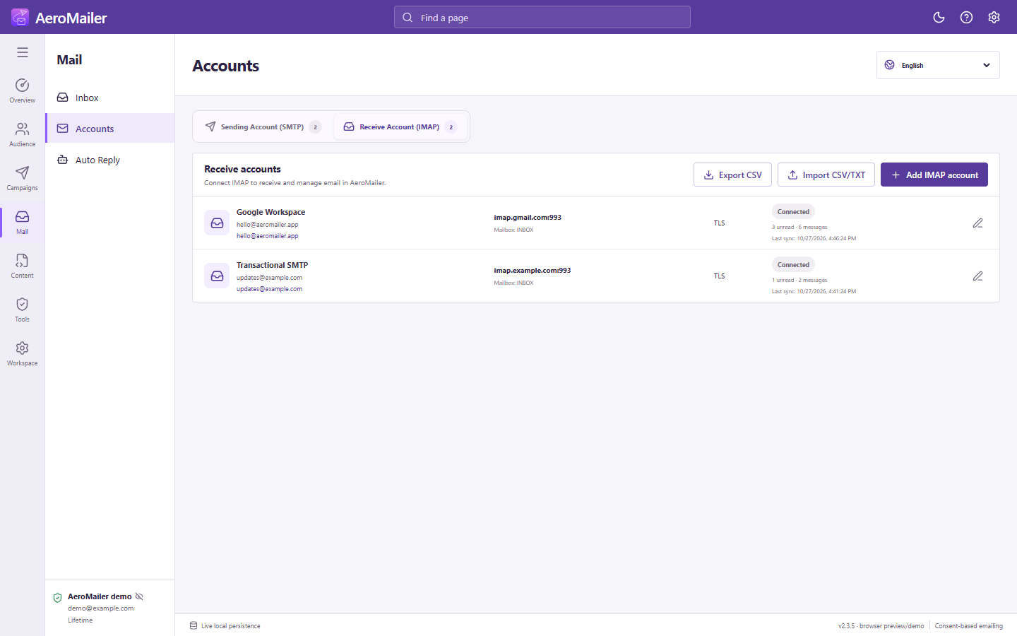 AeroMailer interface: Connect and manage receiving accounts with IMAP
