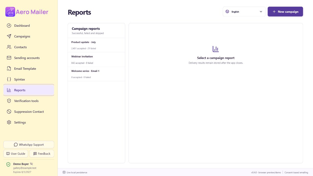 AeroMailer delivery reports interface