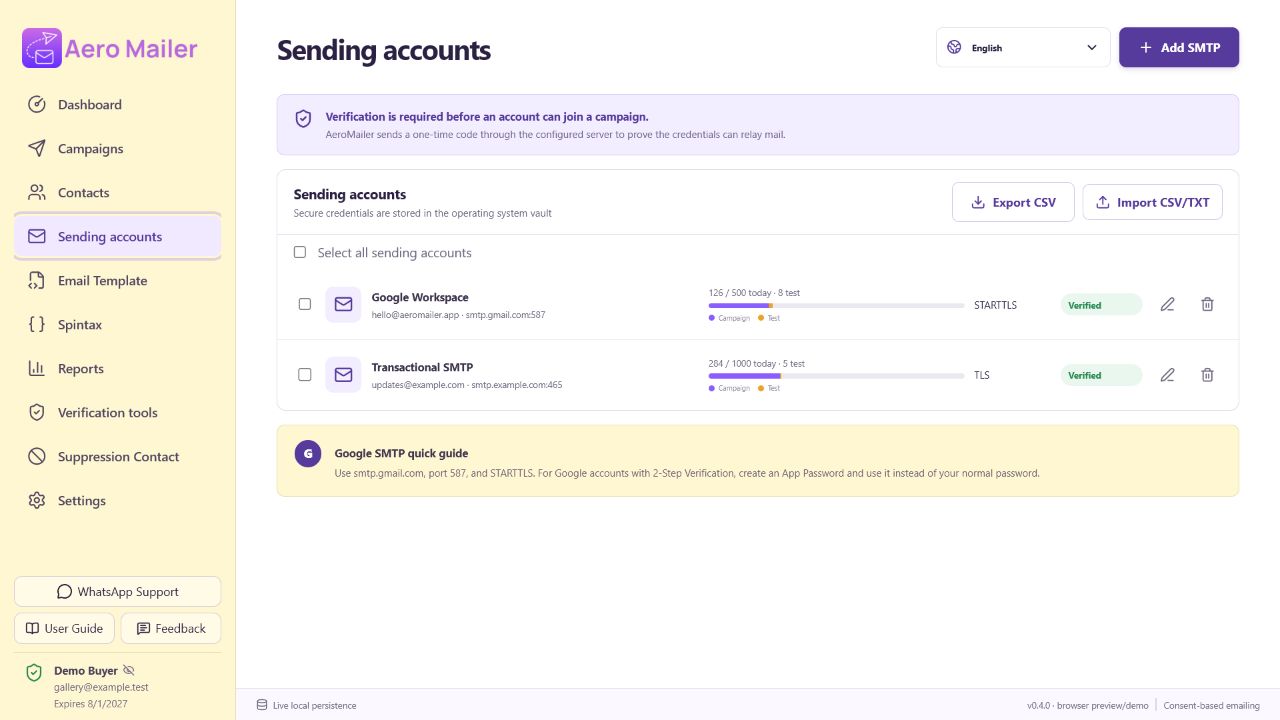 AeroMailer sending accounts interface