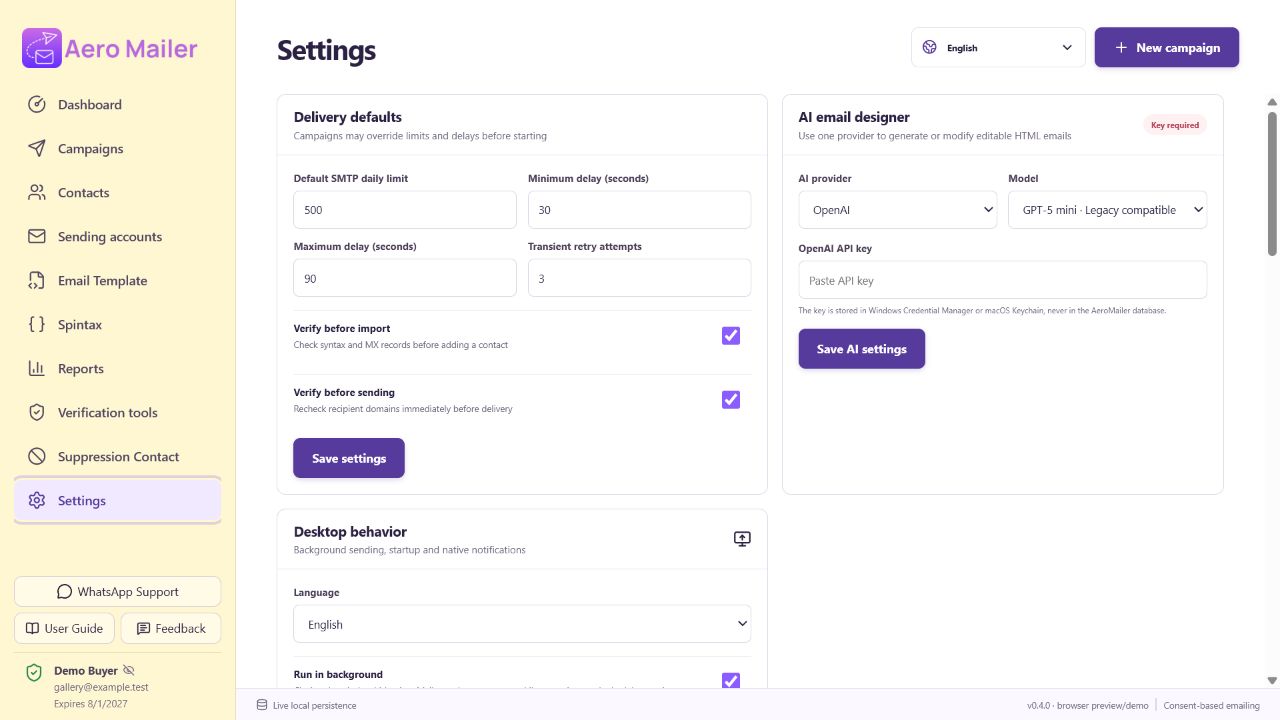 AeroMailer app settings interface