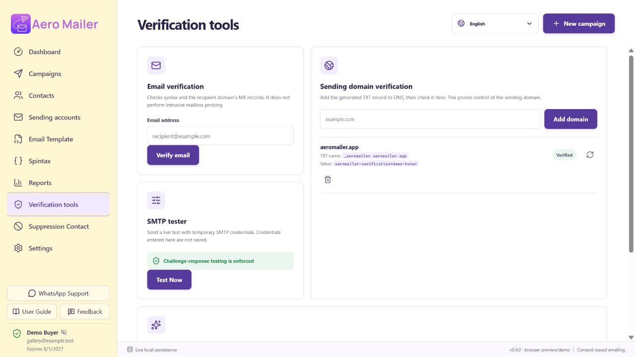AeroMailer verification tools interface